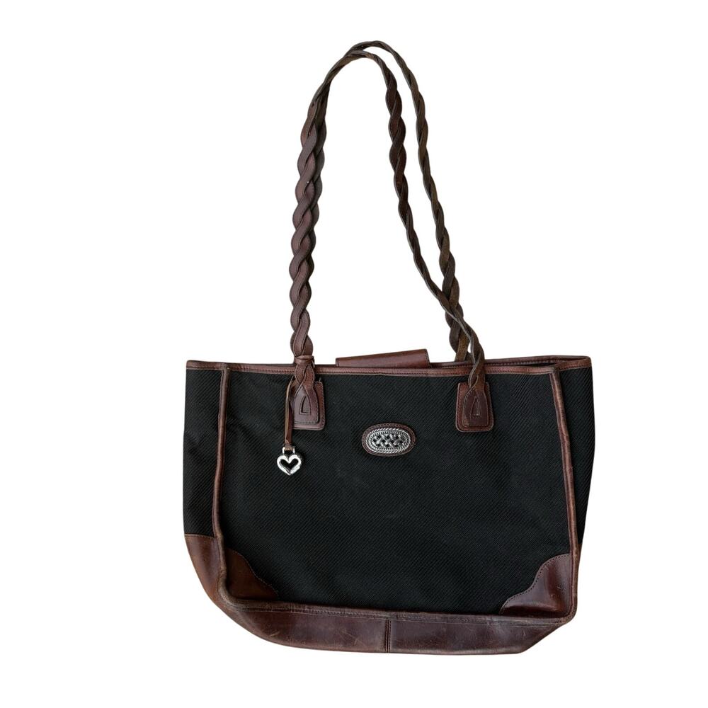 Brighton Womens Black/Brown Leather Textured Button Top Handle Bag Tote GUC